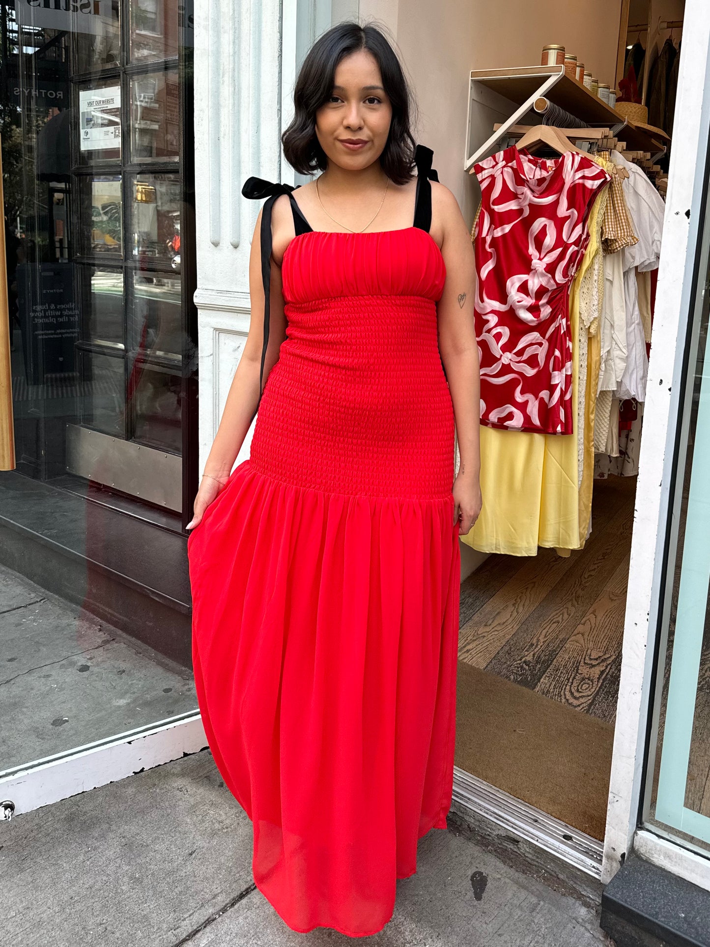 Andrea Red Shirred Dress