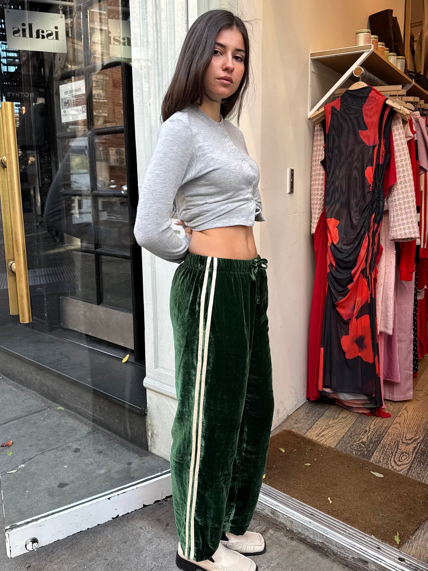 Velvet Stripe Crop Pant in Broccolini