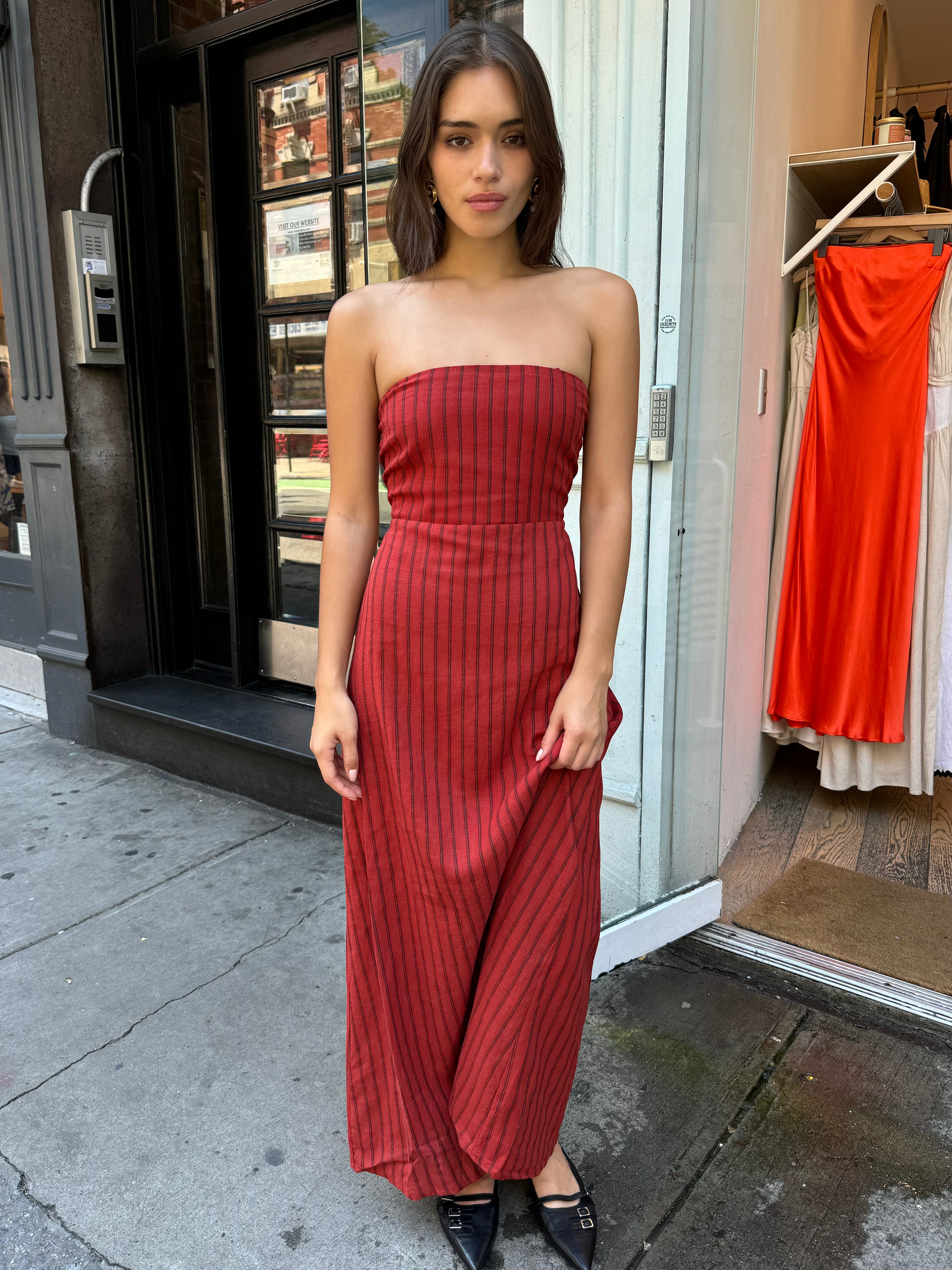 Love Linen Strapless Dress in Rust Stripe