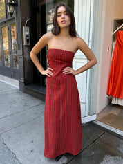 Love Linen Strapless Dress in Rust Stripe