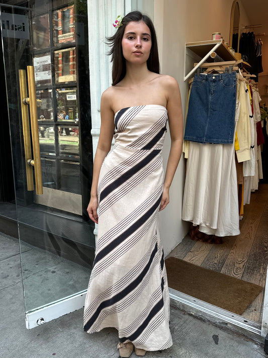 Romani Strapless Dress in Taupe Stripe