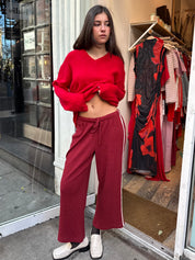 Shea Cropped Waffle Pants in Maroon