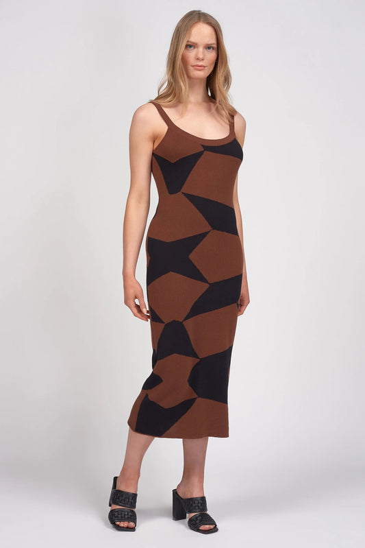 Geo Knit Midi Dress in Brown