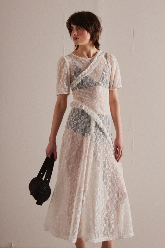 Flower Lace Midi Dress in White